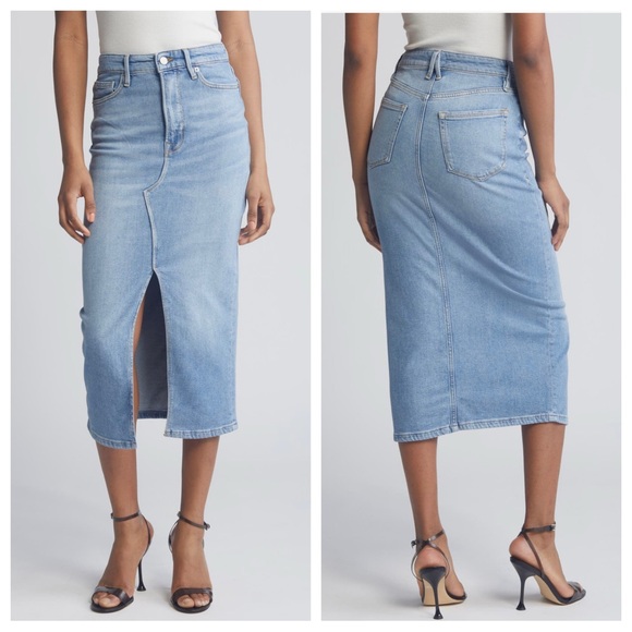 good american - slit front denim midi skirt stretchy mid cut faded wash blue - Picture 1 of 6